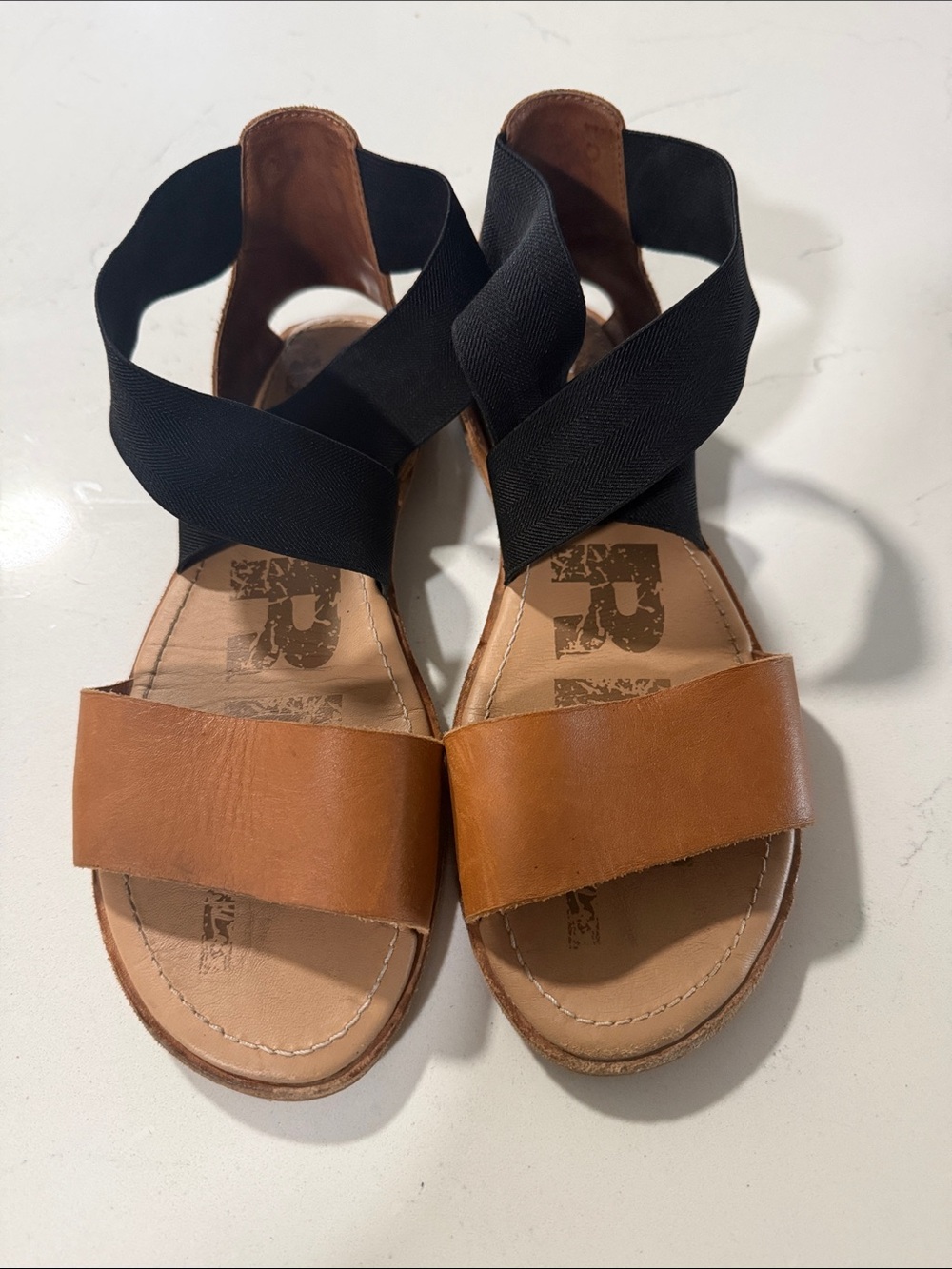 Sorel Brown Leather and Black Elastic Strap Sandals